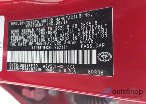 2014 Toyota Camry Se from USA, damaged, VIN 4T1BF1FK8EU862111